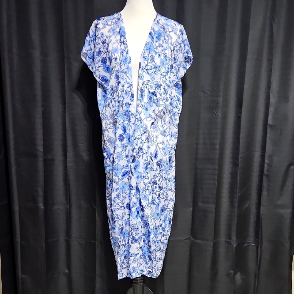 Blue Floral Sheer Short Sleeve Kimono/swim Cover